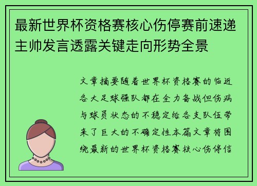 最新世界杯资格赛核心伤停赛前速递主帅发言透露关键走向形势全景